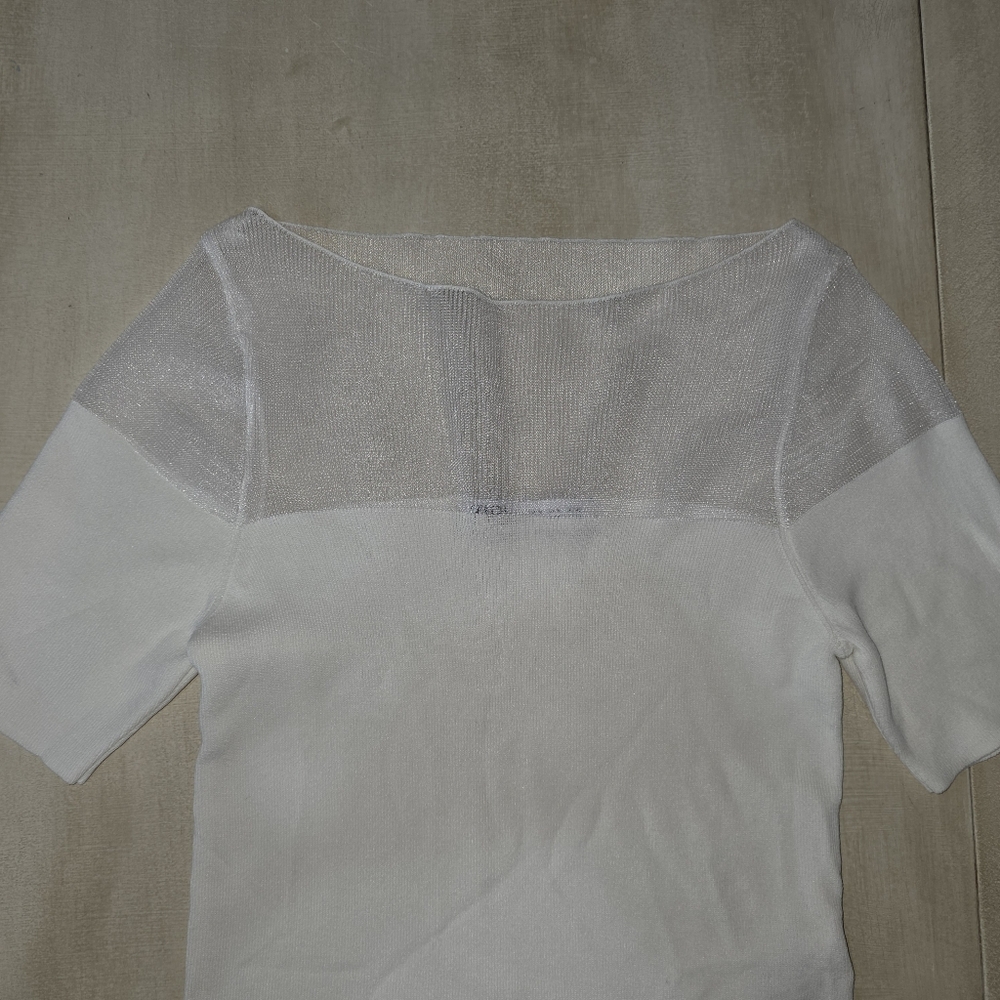 Zara White Sheer Mesh Yoke Ribbed Knit Top Short Sleeve Size Medium - Picture 4 of 9
